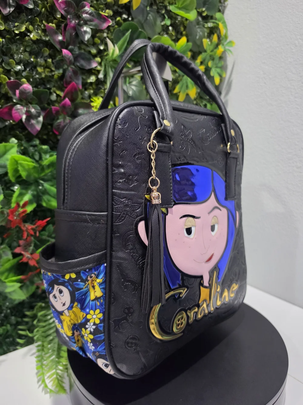Handmade 30cm Coraline Black Backpack with Blue Hair Character Accent